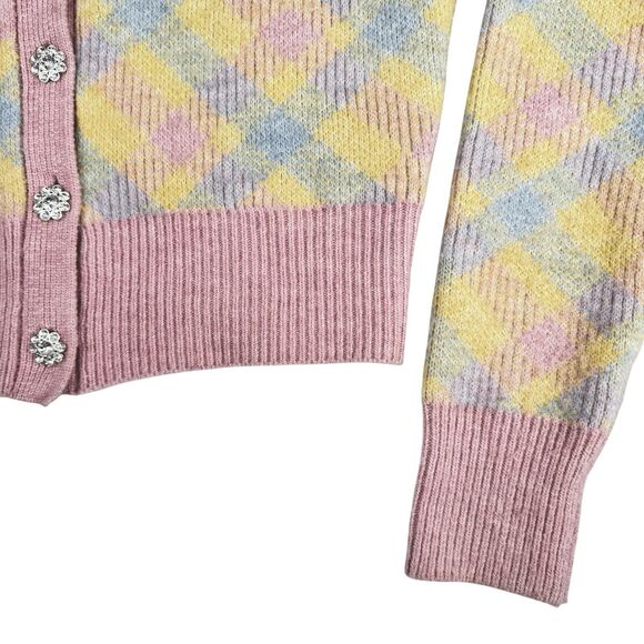 Zara Argyle Cardigan Women Small Pastel Jewel Buttons Preppy Soft Girl Academia - Picture 6 of 13